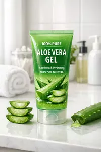 Tube of Aloe Vera Gel for skin care in a bathroom setting