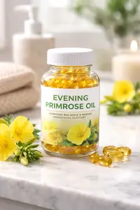 Supplement bottle of Evening Primrose Oil  in bathroom setting