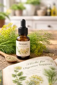 dropper bottle of fennel essential oil in kitchen background with herbal remedy book