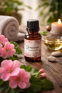 gernaium essential oil in the bathroom with geranium flowers