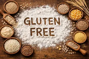 glutten free written in flour surrounded by grains