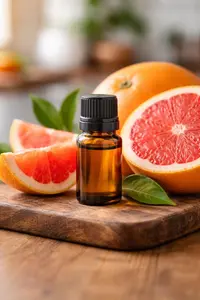 bottle of essential oil with grapefrit on a wooden board with blurred out kitchen background
