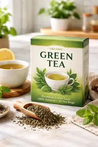 Box of green tea ready for brewing for antioxidant helath benefits