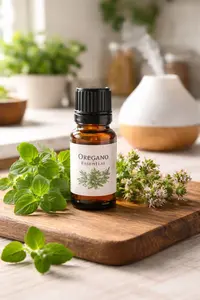 bottle of oregano essential oil on a counter in a kitchen