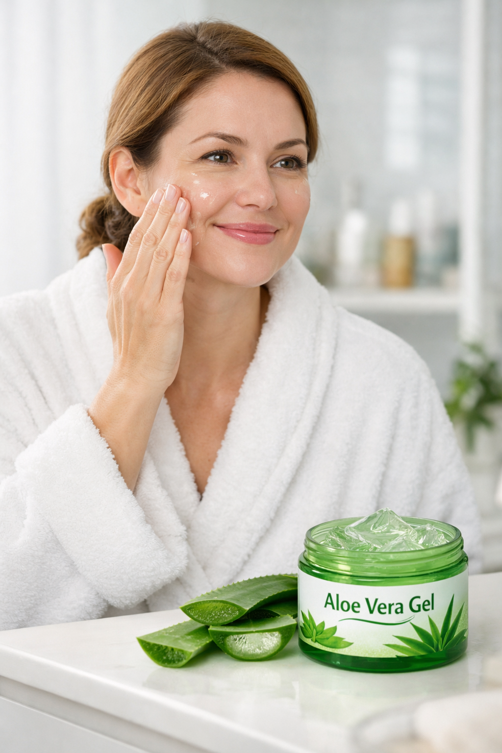 Woman applying aloe vera gel to face Woman applying aloe vera gel to face