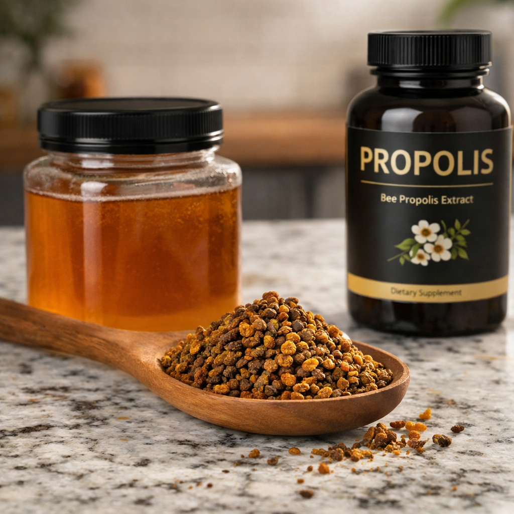 Spoon of bee propolis on a counter with honey jar and bee proplis supplement
