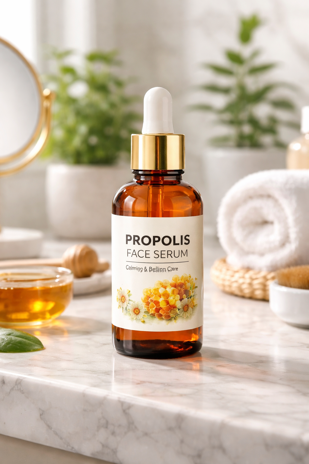 Bottle of bee propolis face serum in a bathroom Bottle of bee propolis face serum in a bathroom