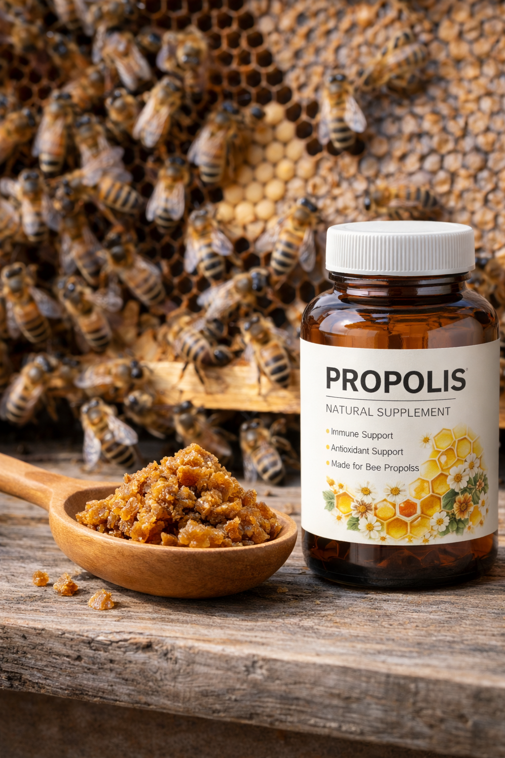 Bee propolis supllement bottle infront of a bee hive Bee propolis supllement bottle infront of a bee hive