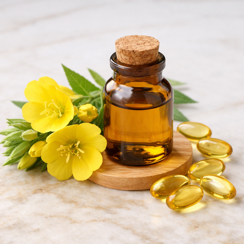 Evening primrose oil for hair loss – capsules and golden oil with fresh evening primrose flowers Evening primrose oil for hair loss – capsules and golden oil with fresh evening primrose flowers