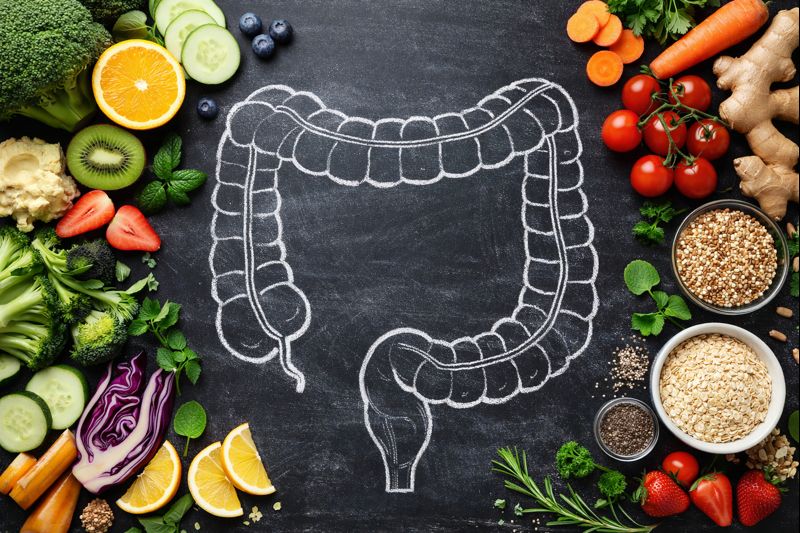chalk drwaing of the colon surounded by vegetables, fruits, grains chalk drwaing of the colon surounded by vegetables, fruits, grains