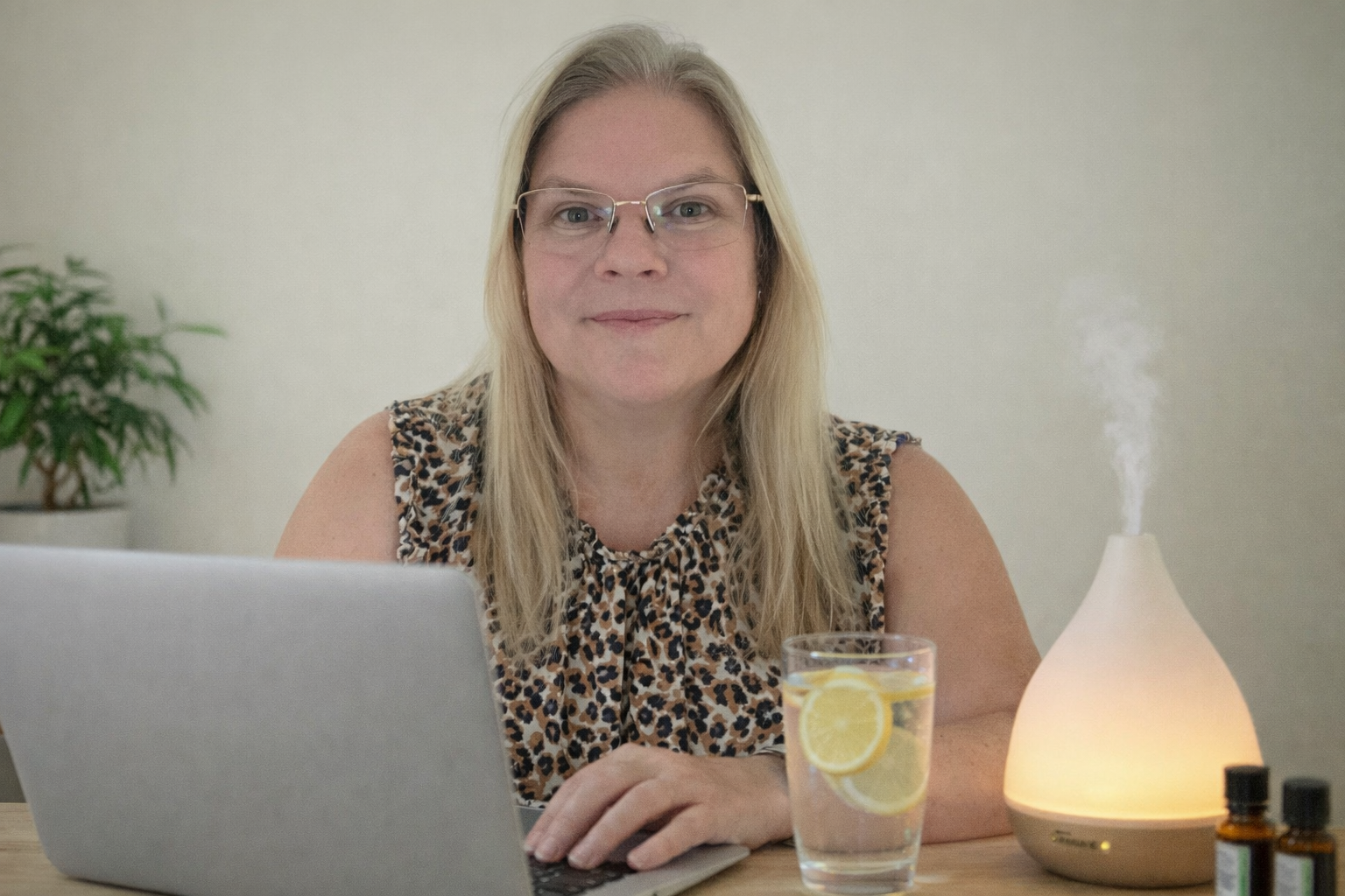 Kate sitting at a desk waiting to connect