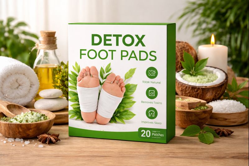 box of detox foot pads on table in a wellness spa setting