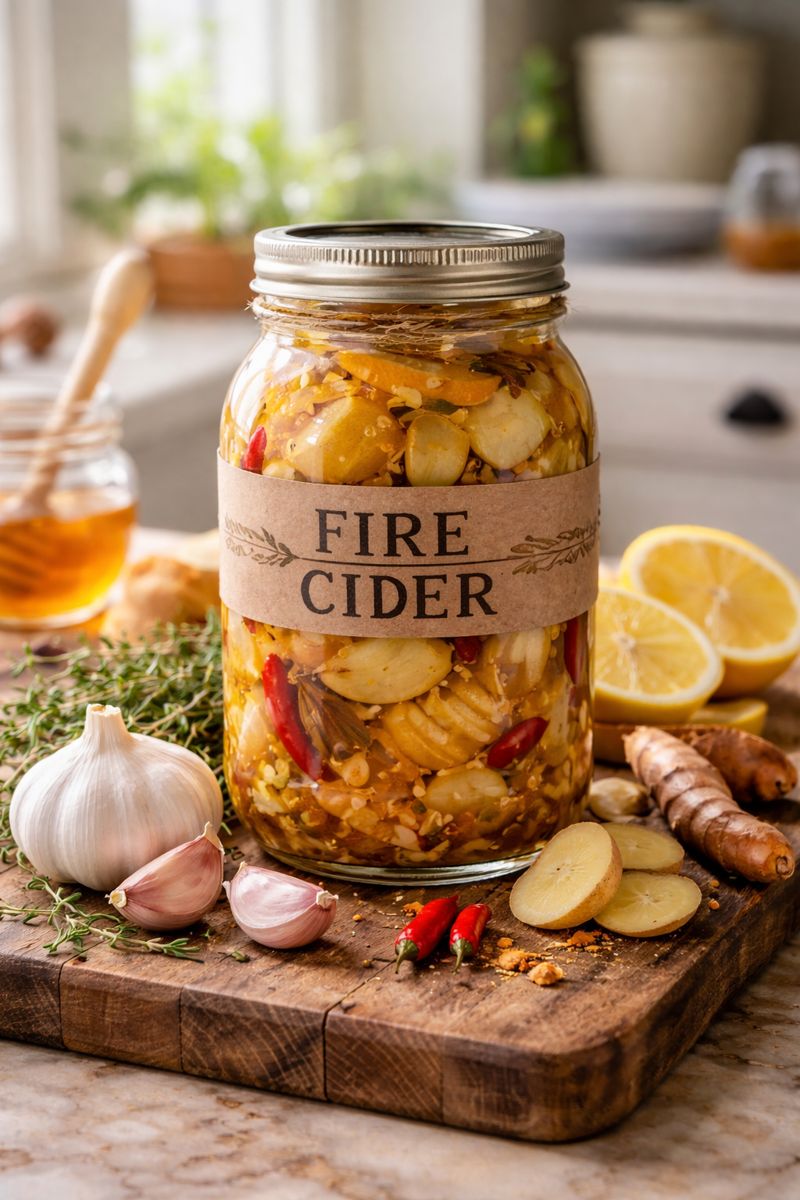 fire cider jar on wooden counter