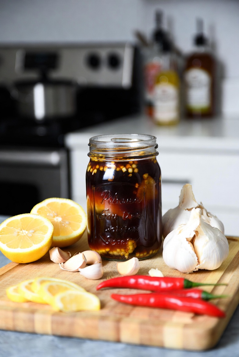 fire cider remedy with garlic, chillis, lemon