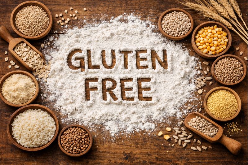 glutten free written in flour surrounded by grains