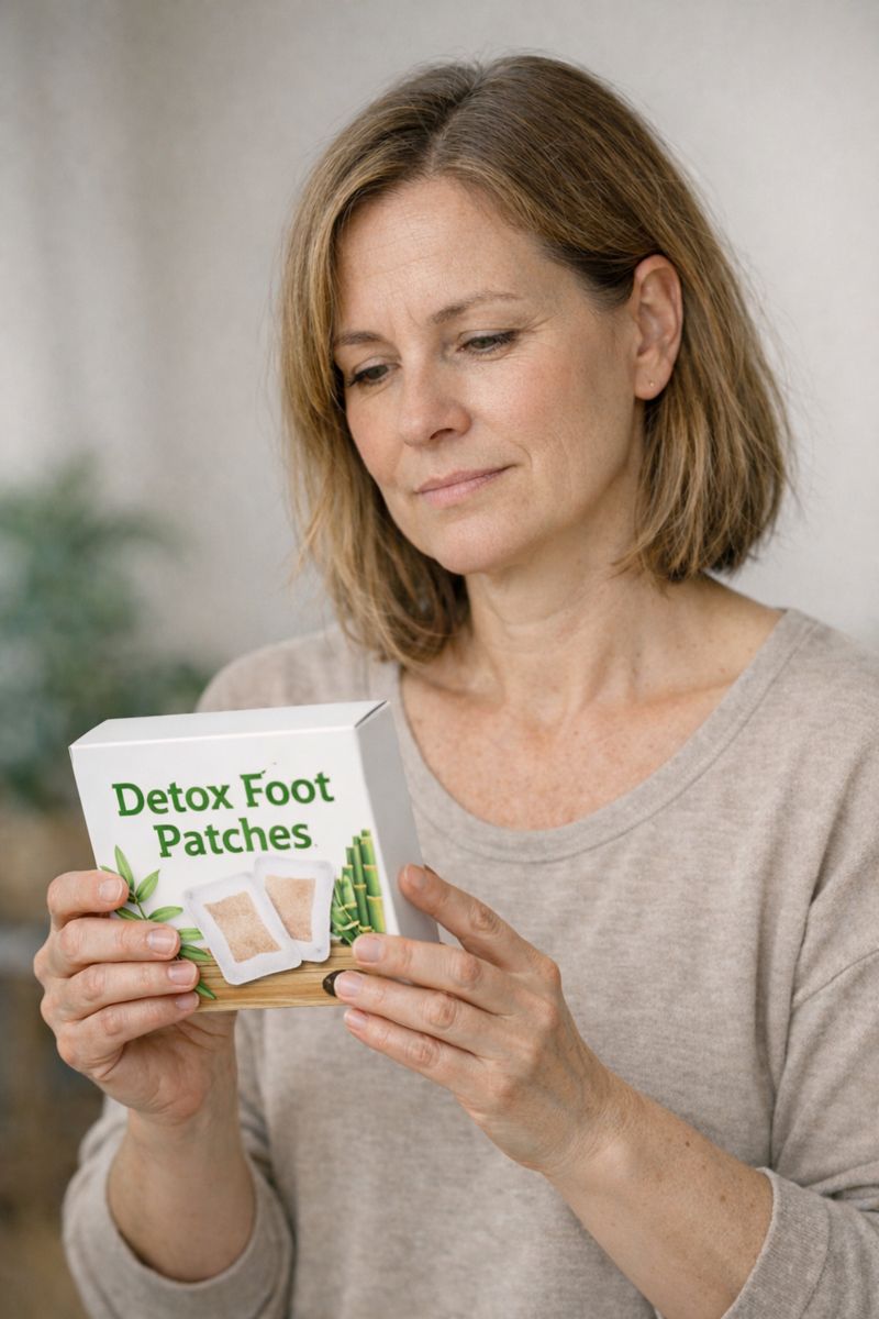 Middle-aged woman holding a box of detox foot patches and reading the packaging thoughtfully.