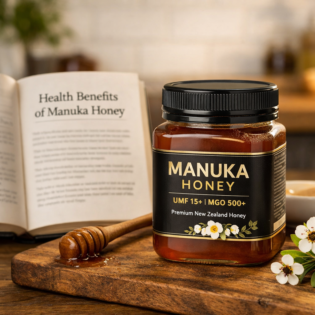 jar of manuka honey with book of health benefits