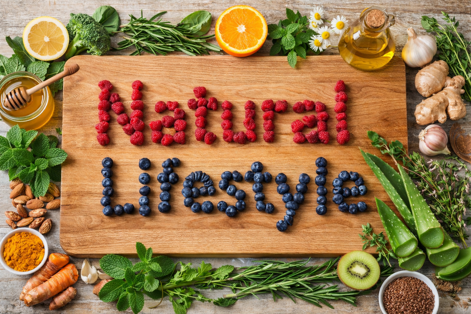Natrural lifestyle banner in berries with herbs and natural foods Natrural lifestyle banner in berries with herbs and natural foods