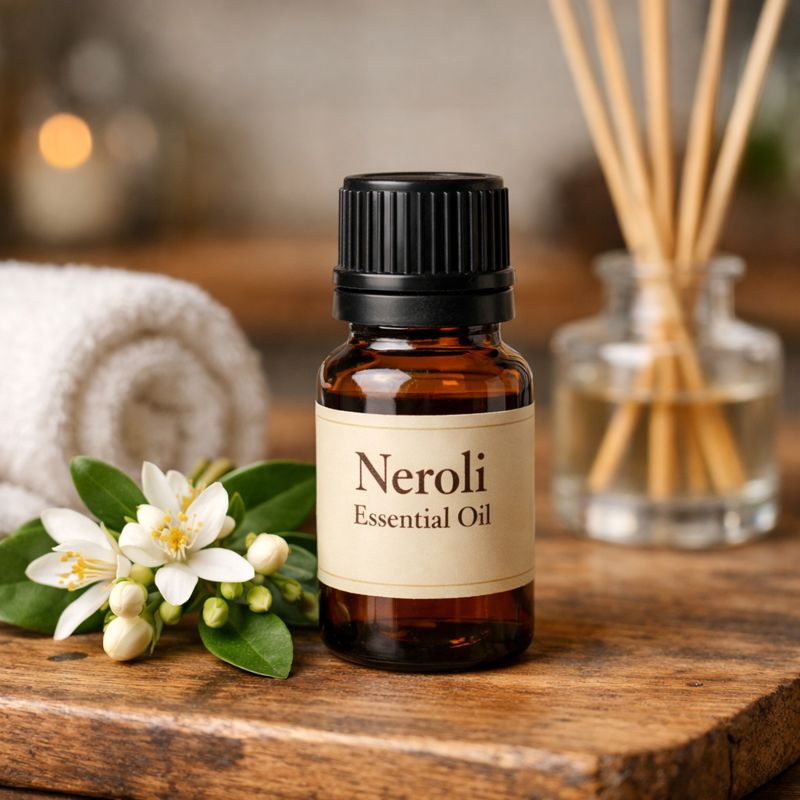 neroli essential oil bottle on wooden board and diffuser and towel in background neroli essential oil bottle on wooden board and diffuser and towel in background