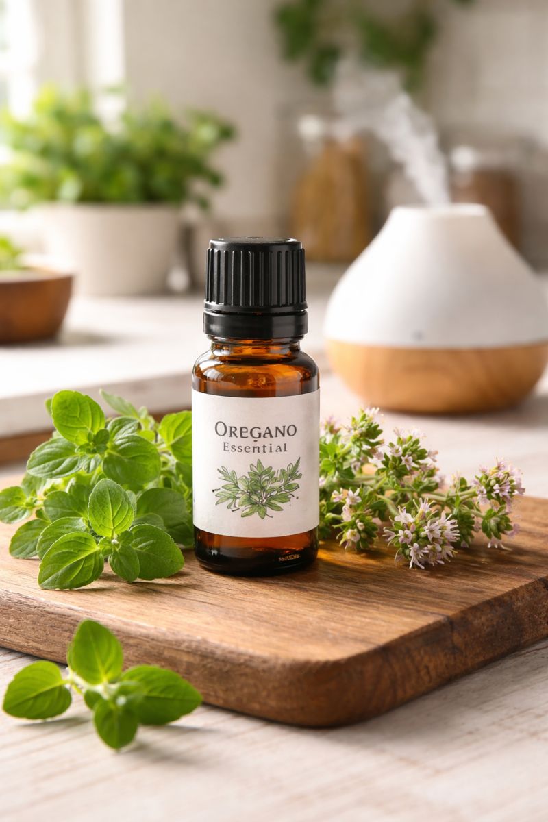 bottle of oregano essential oil on a counter in a kitchen bottle of oregano essential oil on a counter in a kitchen