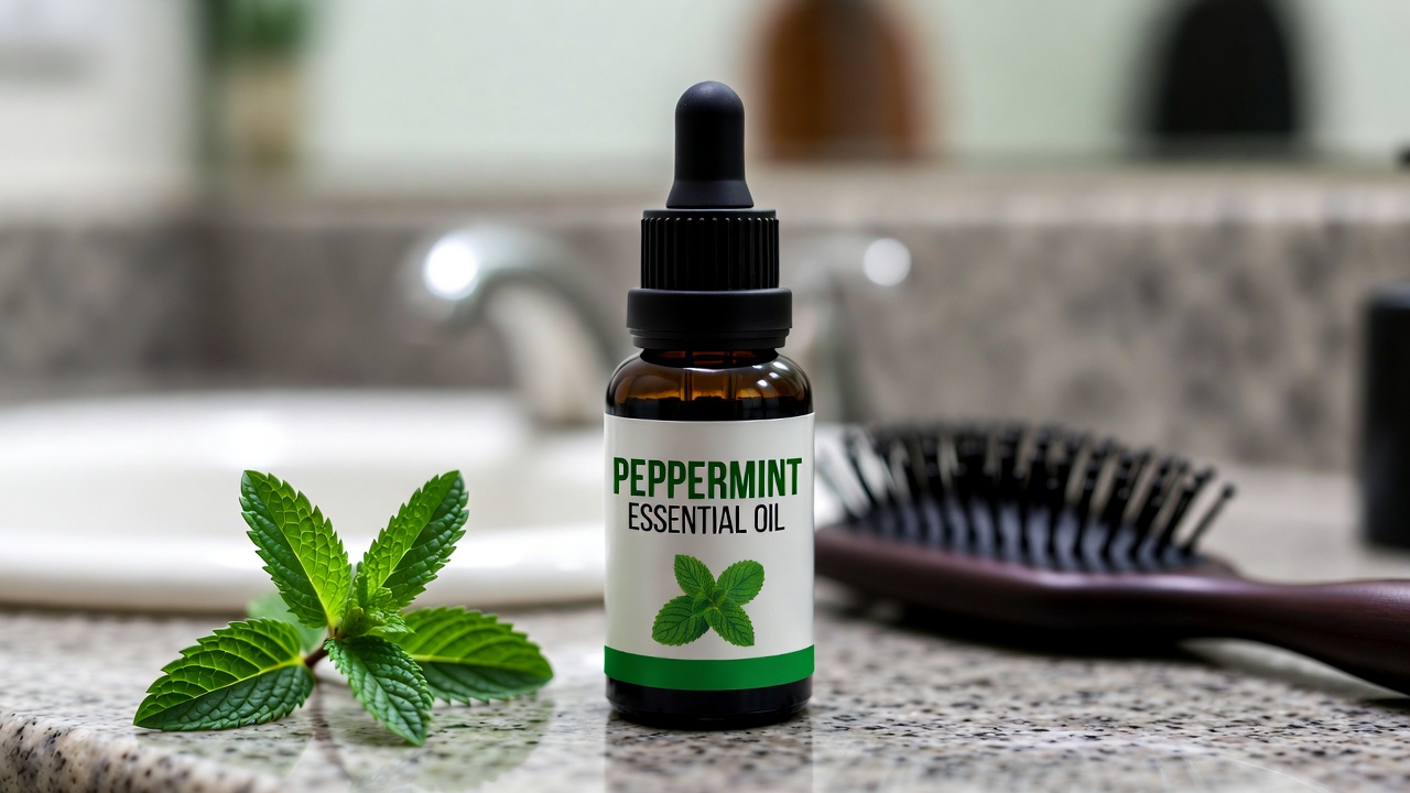 Bottle of Peppermint Essential oil in a athroom setting with a hairbrush Bottle of Peppermint Essential oil in a athroom setting with a hairbrush