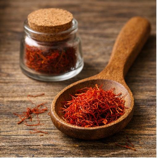 Saffron threads in a wooden spoon showing a natural remedy traditionally used to support mood and emotional balance Saffron threads in a wooden spoon showing a natural remedy traditionally used to support mood and emotional balance