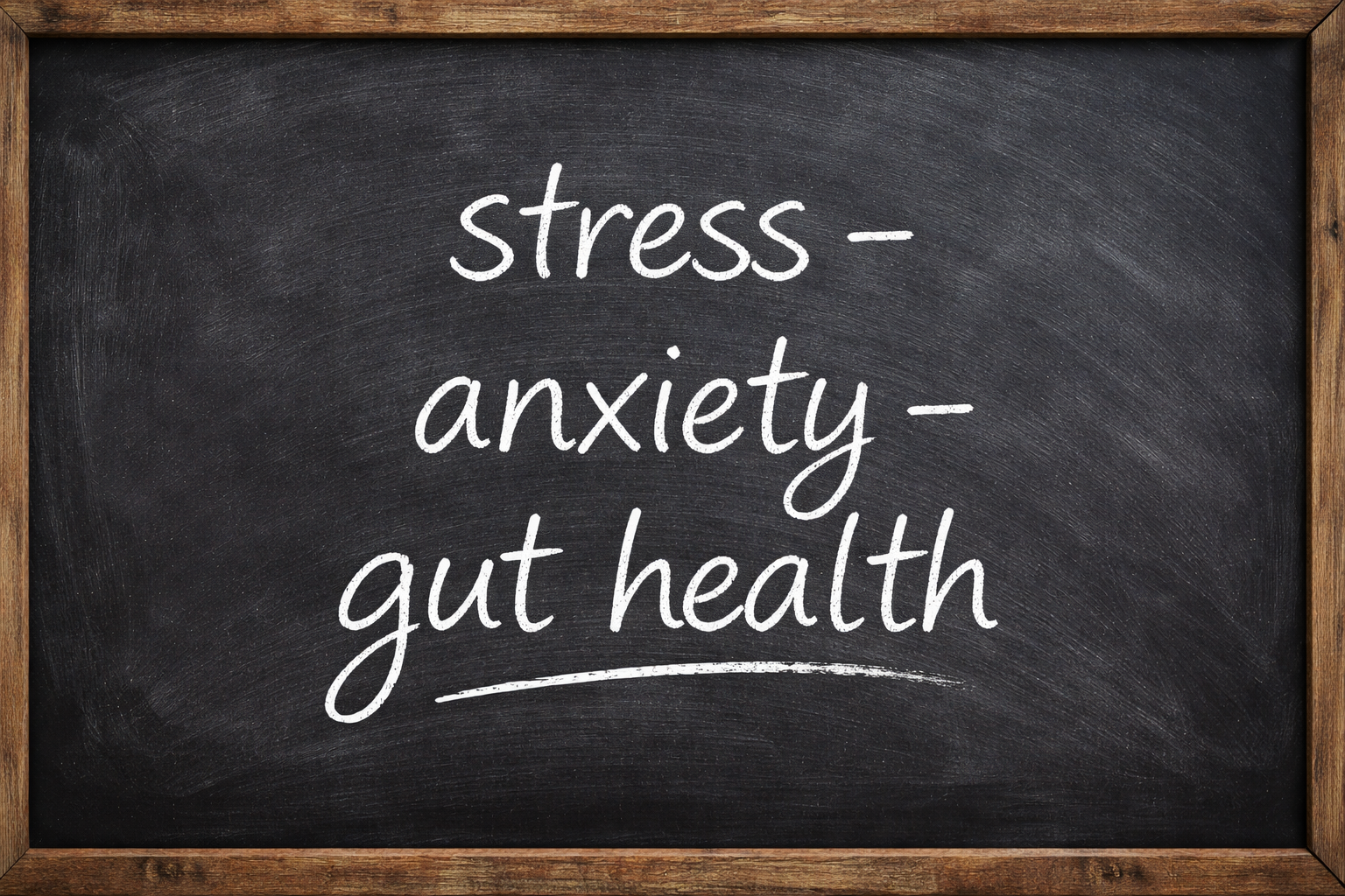 chalkboard words stress, anxiety, gut health chalkboard words stress, anxiety, gut health