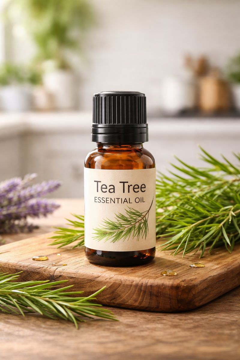 tea tree essential oil bottle on a wooden board with melaleuca leaves
