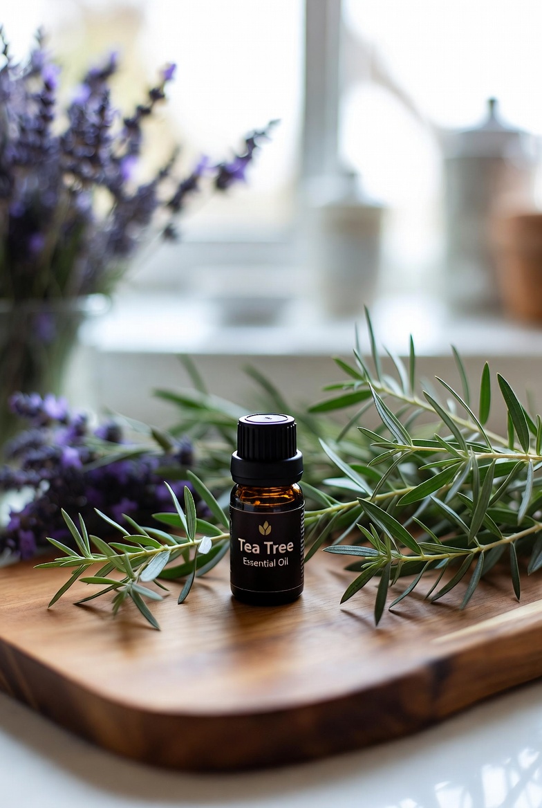 tea tree oil bottle with sprigs in kitchen