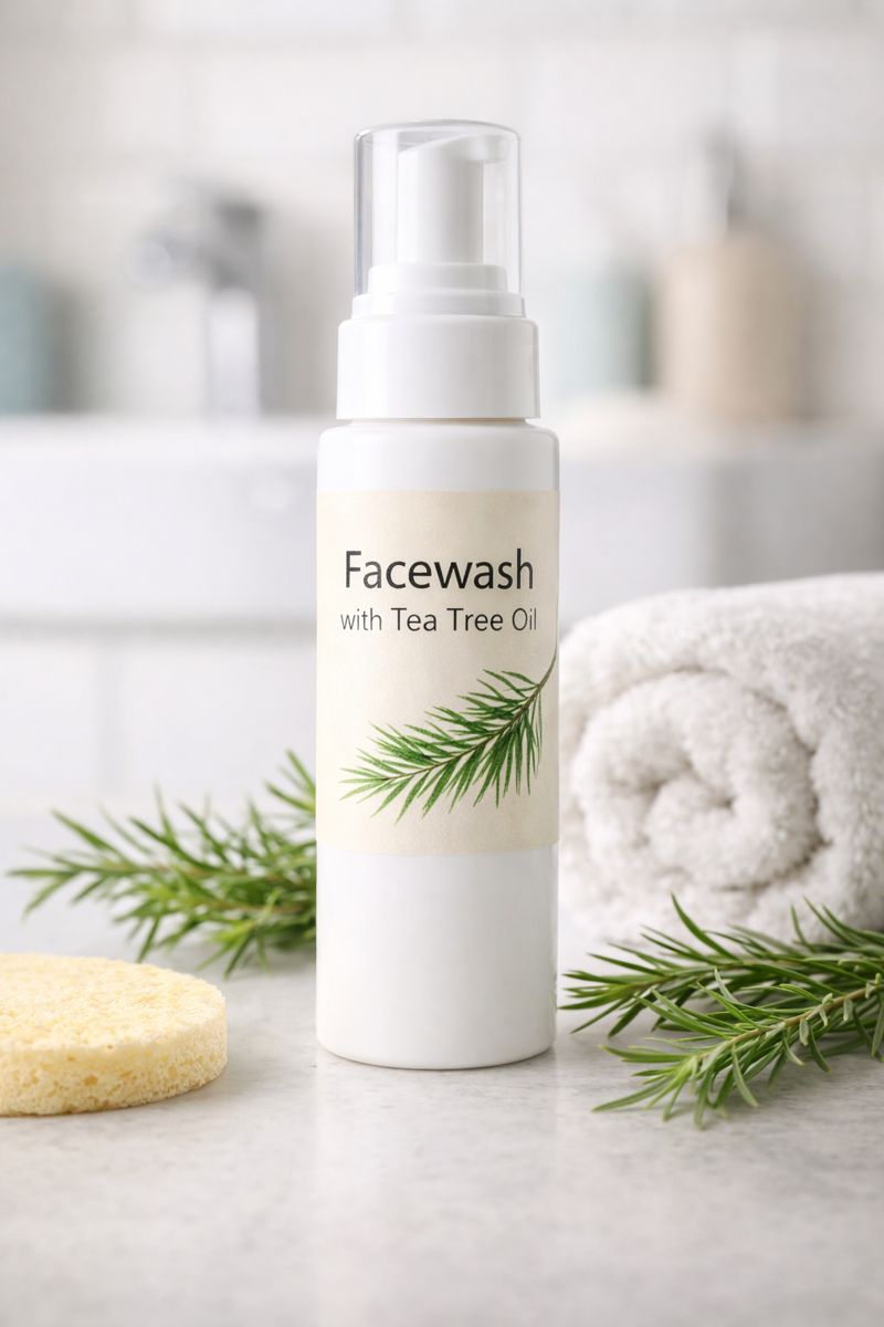 tea tree oil facewash in a bathroom setting