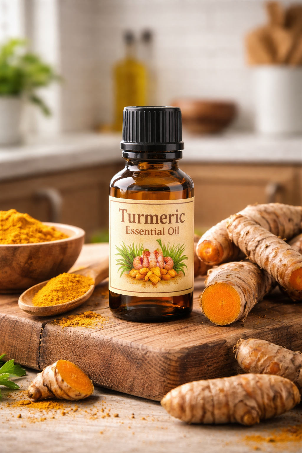 turmeric essential oil bottle in a kitchen setting