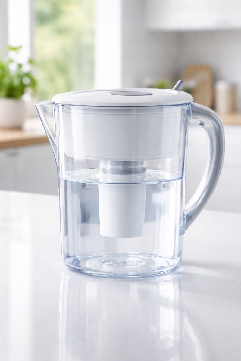 Water filter jug on kitchen counter for clean drinking waterWater filter jug on kitchen counter for clean drinking water