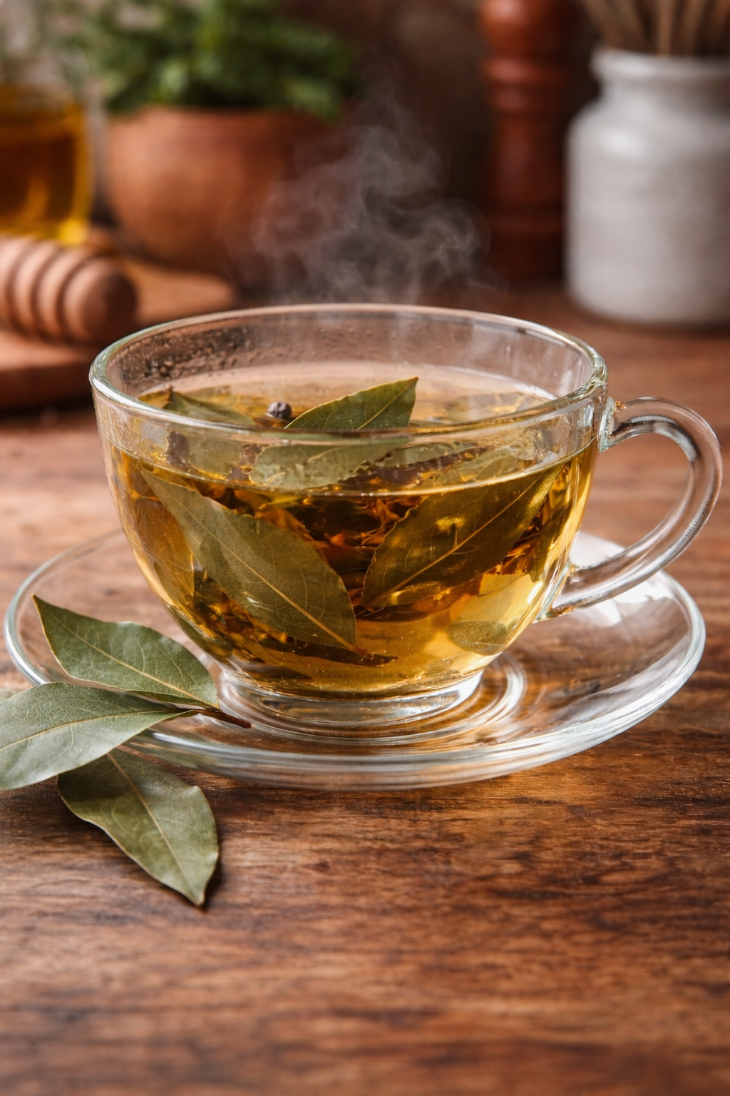 glass tea cup with bay leaves in hot water