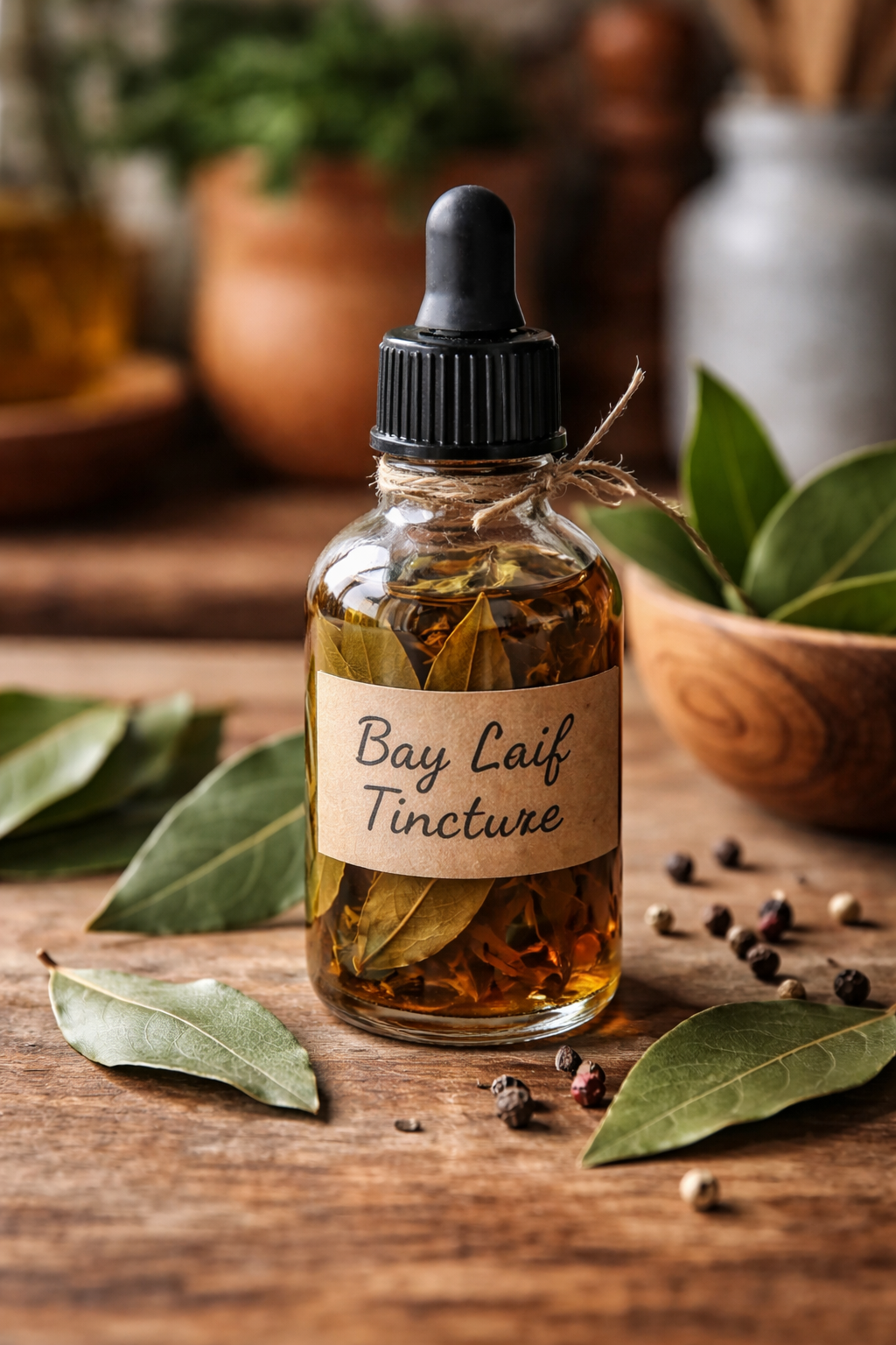 Bay Leaf Tincture in a bottle with handwritten label in a kitchen setting
