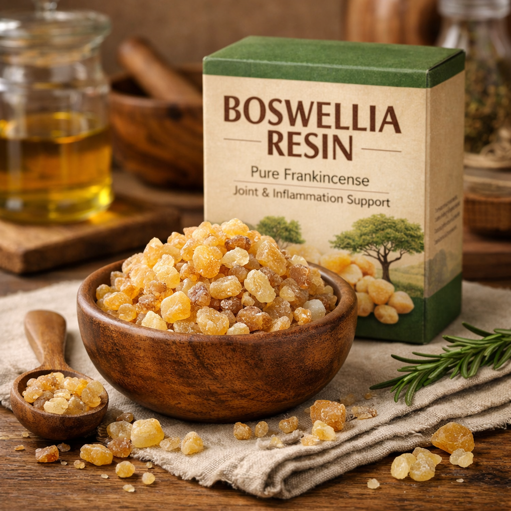 Golden boswellia resin (frankincense) granules in a small wooden bowl with herbal styling