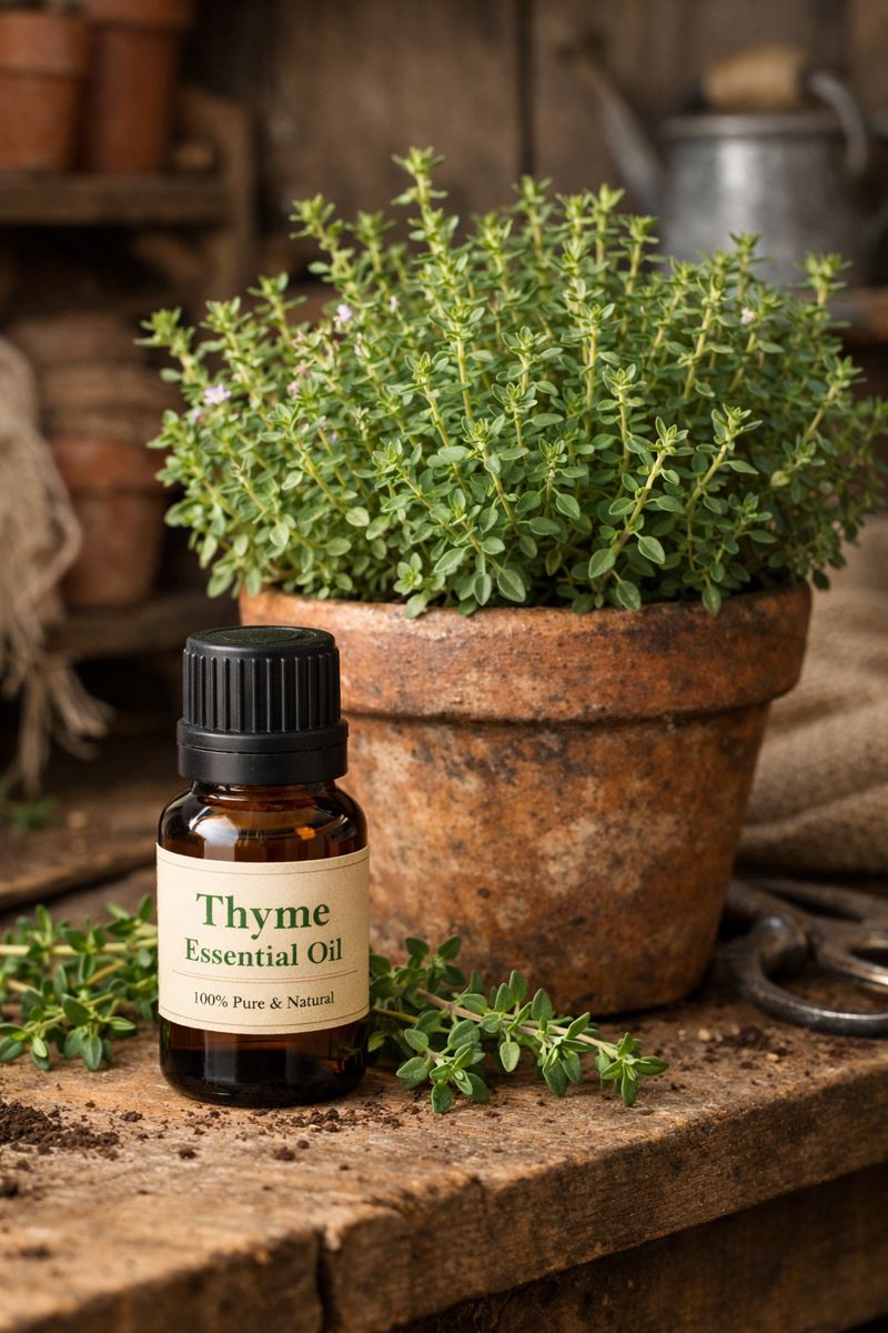 botte of thyme essential oil in front of a thyme pot plant botte of thyme essential oil in front of a thyme pot plant