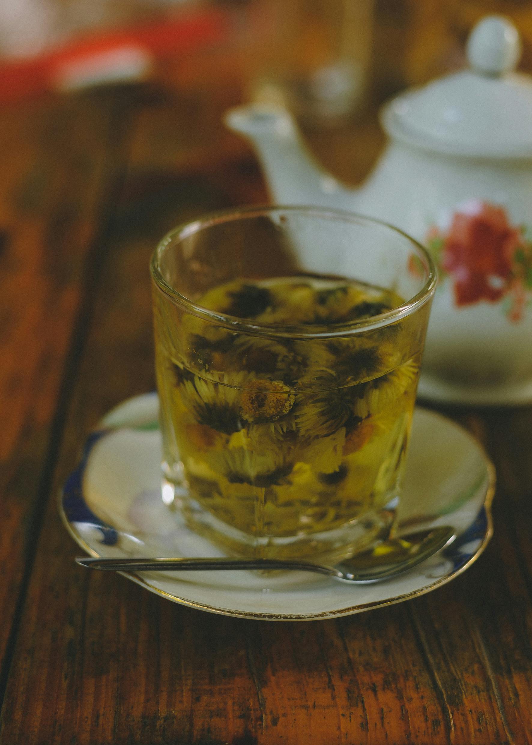chamomile tea in glass tea cup