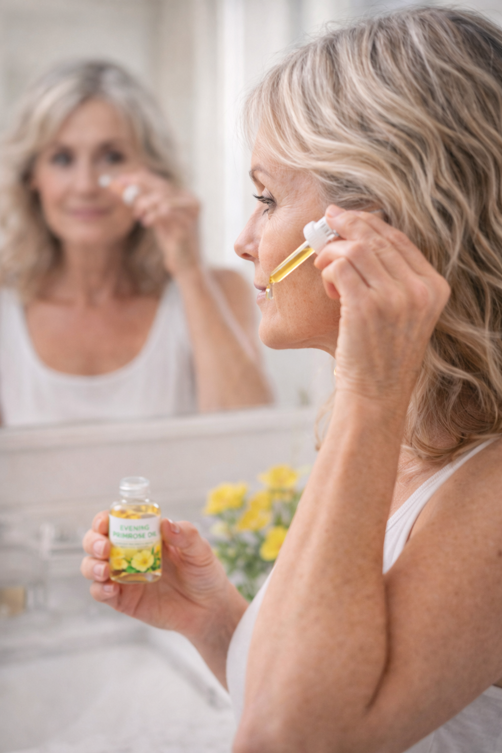 Evening Primrose oil being appied to skin for menopause support Evening Primrose oil being appied to skin for menopause support