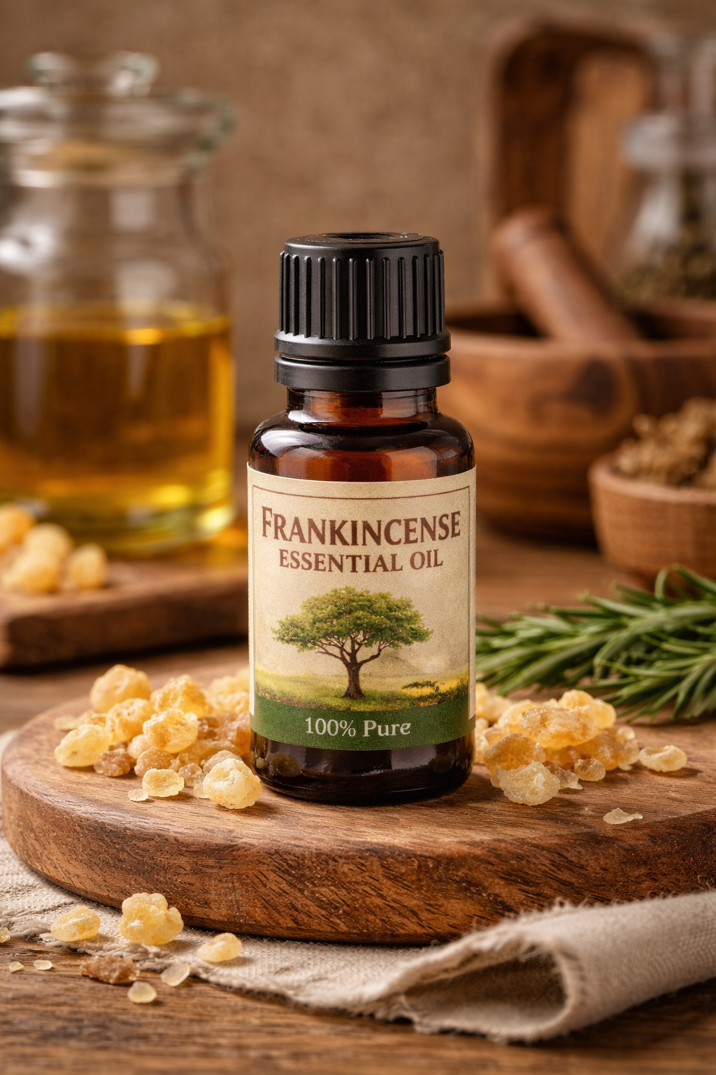 Bottle of Frankincense Essential Oil in kitchen setting