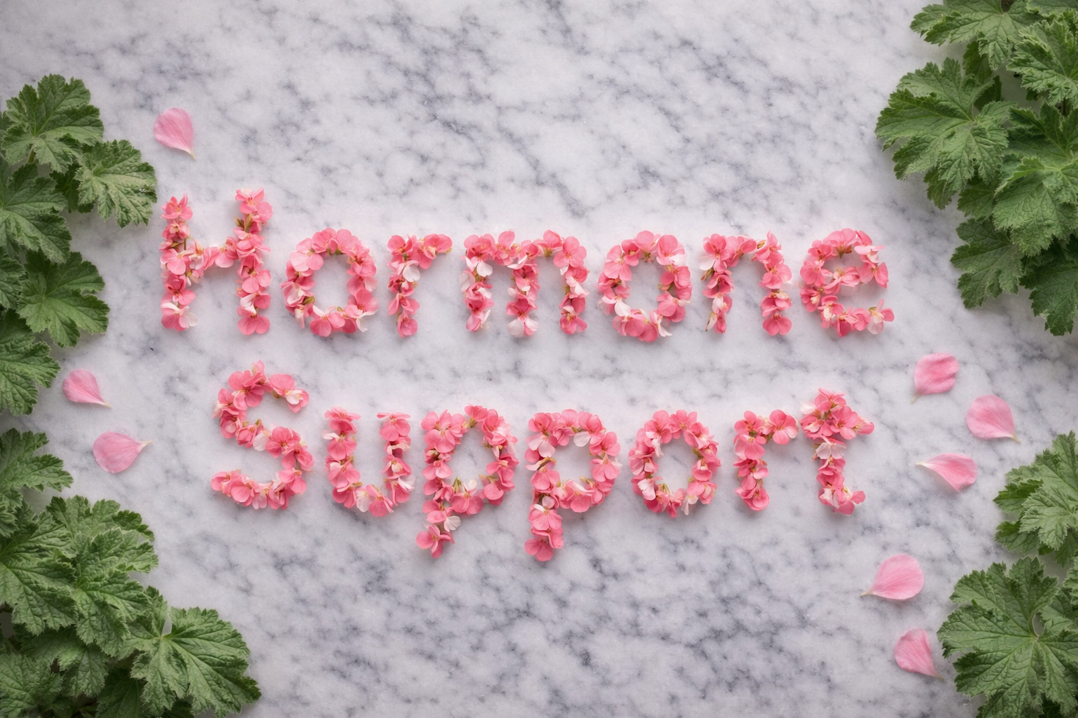 Hormone Support sign written in pink petals Hormone Support sign written in pink petals