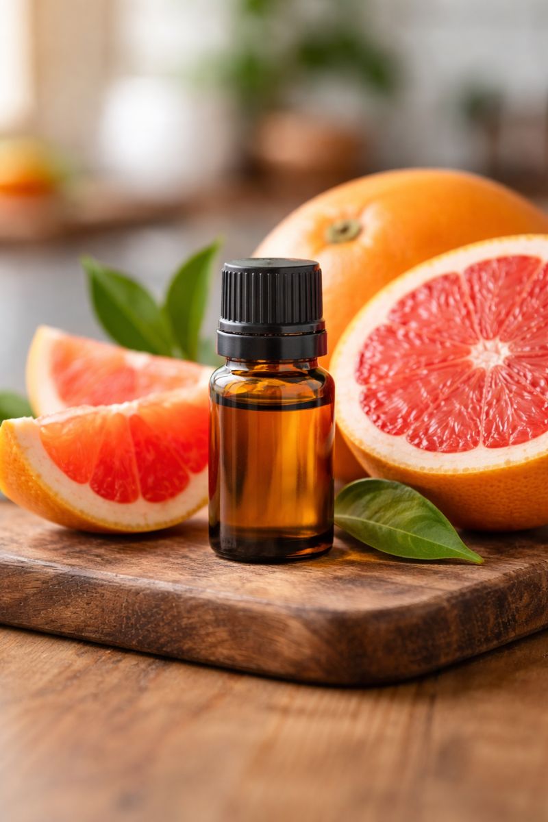 bottle of essential oil with grapefrit on a wooden board with blurred out kitchen background