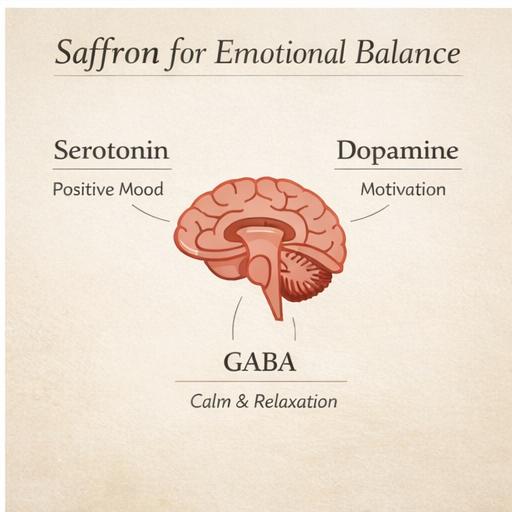Educational graphic showing how saffron supports serotonin dopamine and GABA for improved mood calm and motivation Educational graphic showing how saffron supports serotonin dopamine and GABA for improved mood calm and motivation