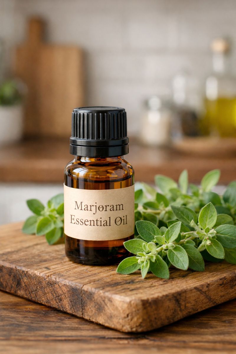 marjoram essential oil bottle ona wooden board with marjoram leaves