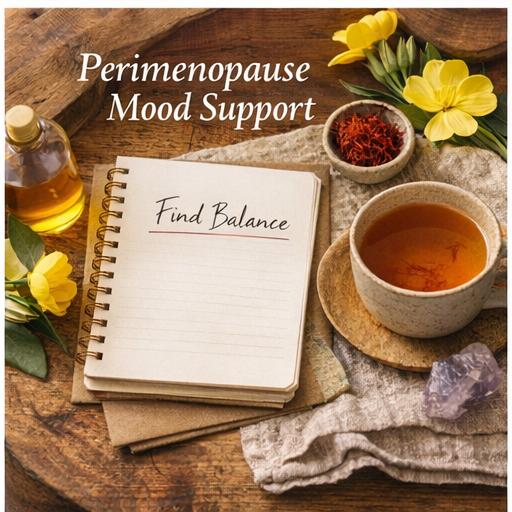 Saffron tea with journal and flowers symbolising natural support for perimenopause mood swings and hormonal emotional balance Saffron tea with journal and flowers symbolising natural support for perimenopause mood swings and hormonal emotional balance