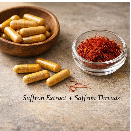 Saffron extract capsules with dried saffron threads representing a science-backed natural supplement for low mood and emotional balance