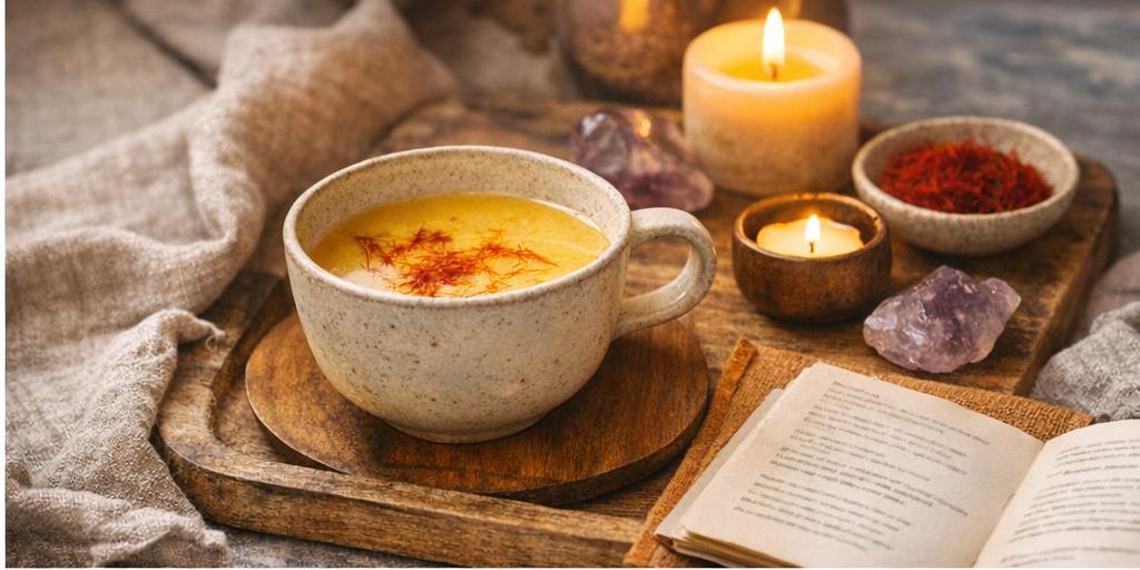 Warm cup of saffron tea in a calming ritual setting for mood support, stress relief and emotional wellbeing Warm cup of saffron tea in a calming ritual setting for mood support, stress relief and emotional wellbeing