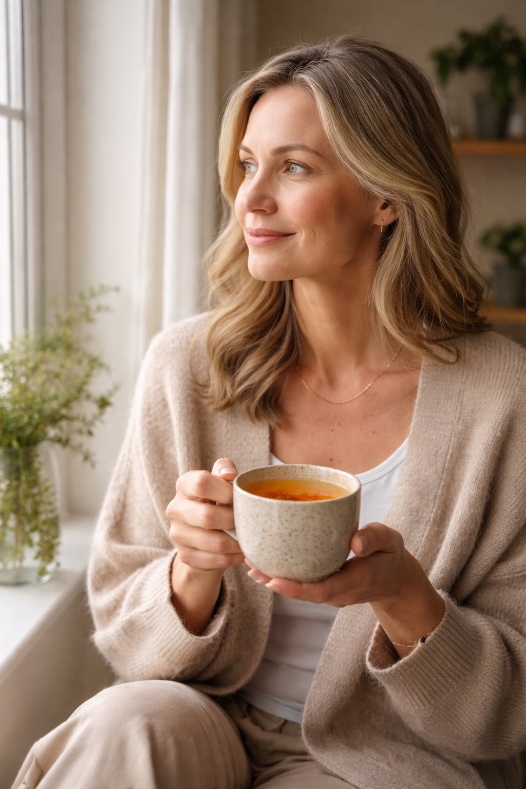 Middle aged lady drinking saffron tea for mood balance Middle aged lady drinking saffron tea for mood balance